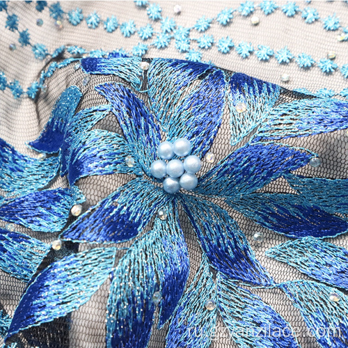 Синие жемчужные кружева с бисером Дубай Кружевная ткань